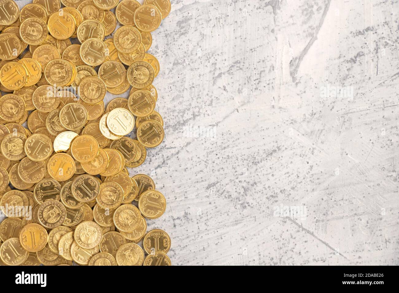 Background of the coins of Kazakhstan. Kazakh tenge coins flat lay. Concept of saving or spending money.Top view. Soft focus Stock Photo