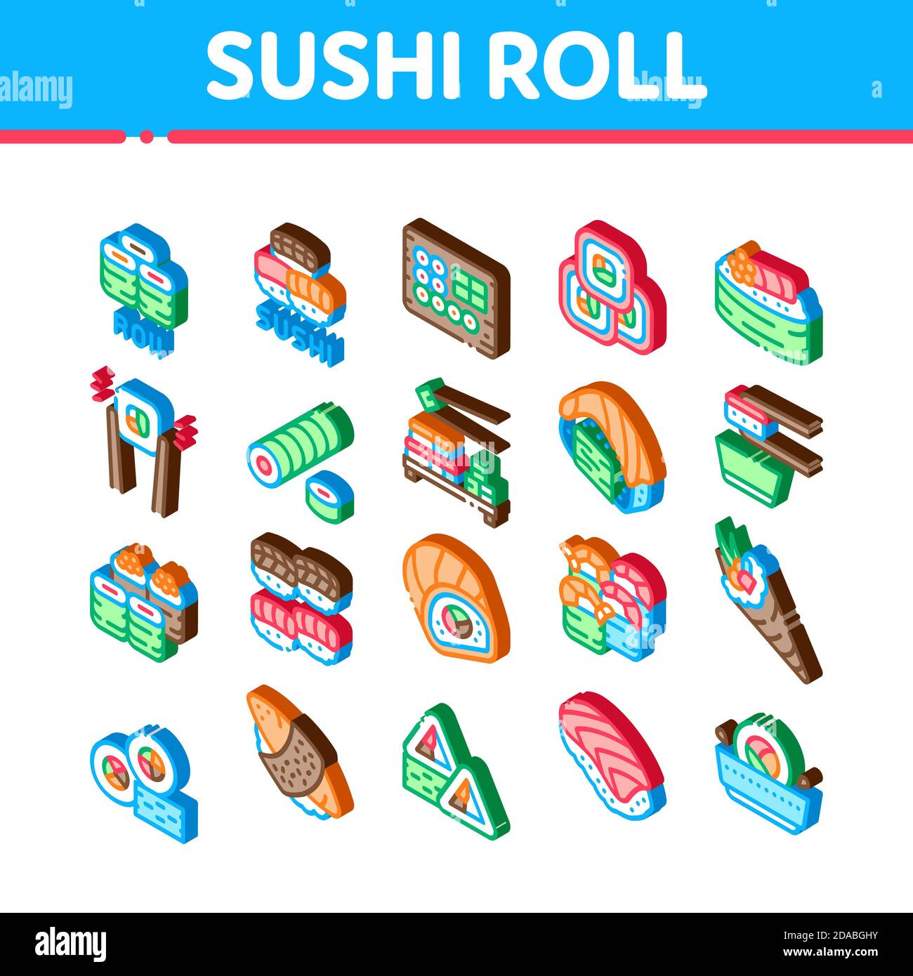 Sushi Roll Asian Dish Isometric Icons Set Vector Stock Vector