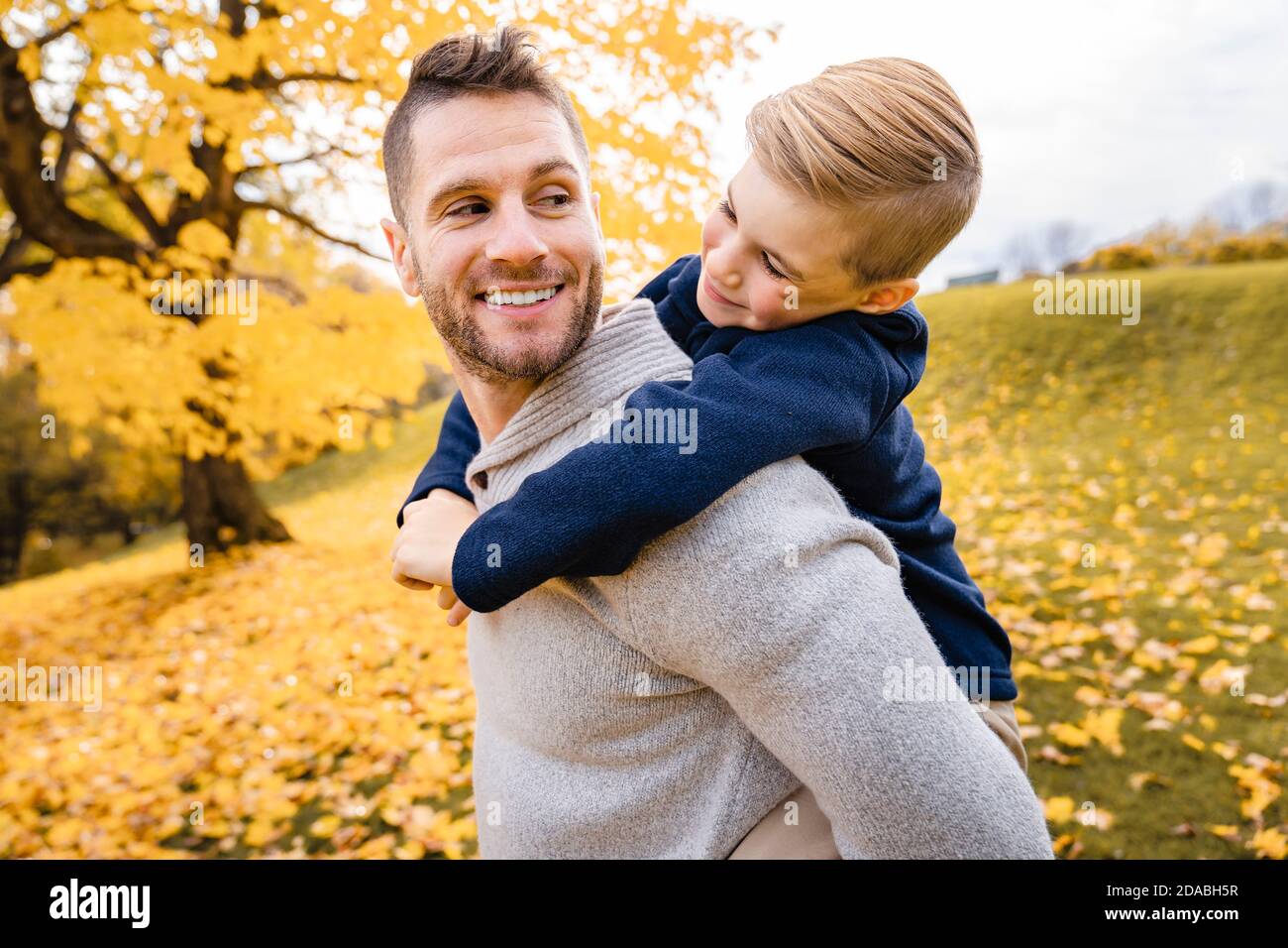 Happy family father and child boy in the autumn leaf fall in park ...