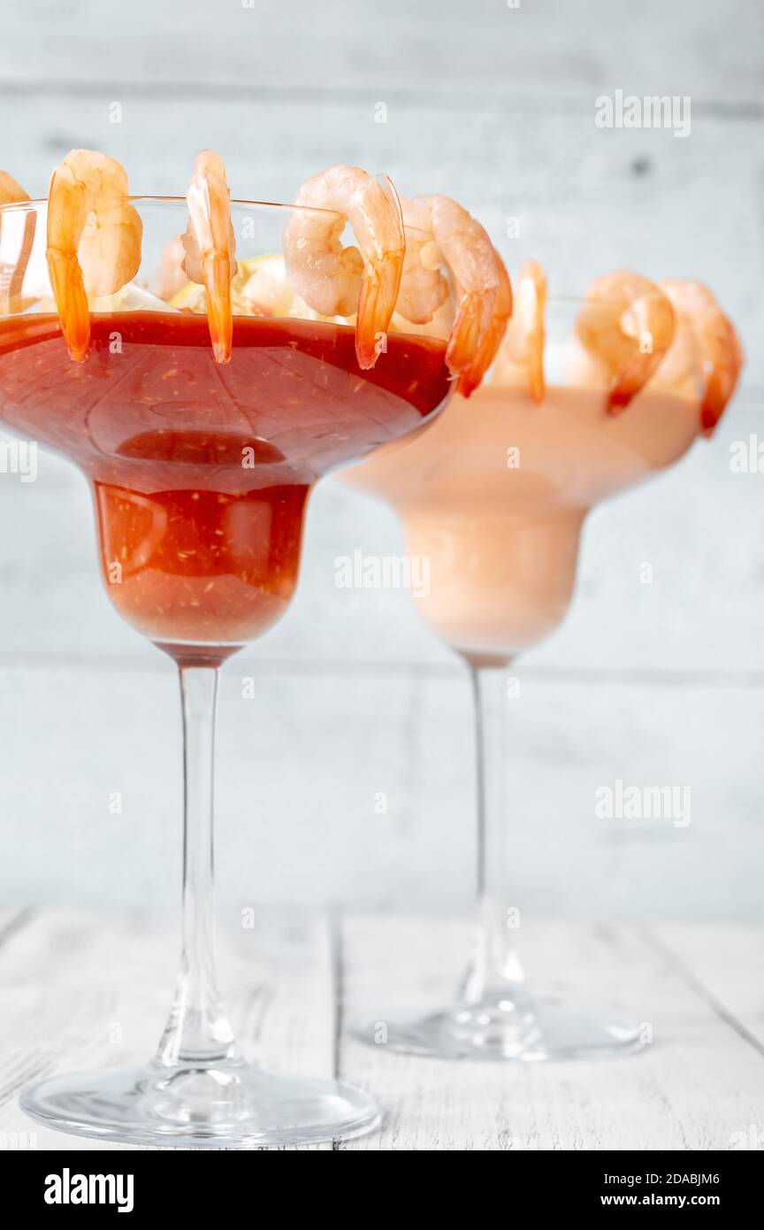 Shrimp and prawn cocktails in glass top view Stock Photo Alamy