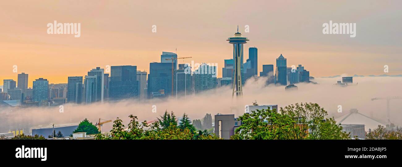 Seattle Skyline from Kerry Park as the fog rolls in Stock Photo