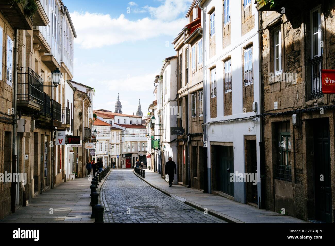 Rua de San Pedro - St. Peter street. French Way, Way of St. James. Santiago de Compostela, A Coruña, Galicia, Spain, Europe Stock Photo