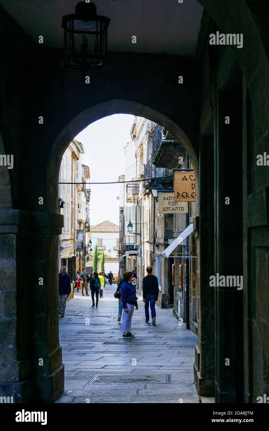 Rúa da Acibechería, old city. French Way, Way of St. James. Santiago de Compostela, A Coruña, Galicia, Spain, Europe Stock Photo