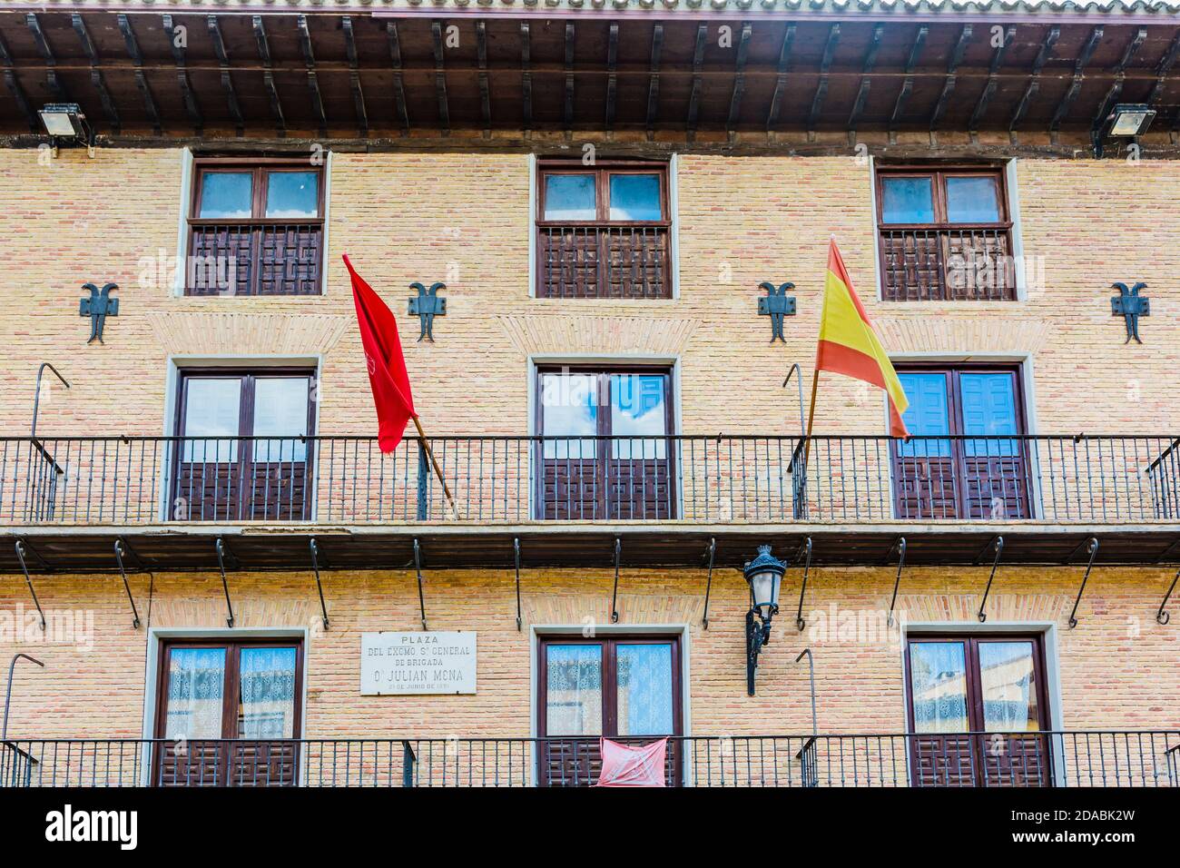 Julian Mena's square, City hall. French Way, Way of St. James. Puente la Reina - Gares, Navarre, Spain, Europe Stock Photo