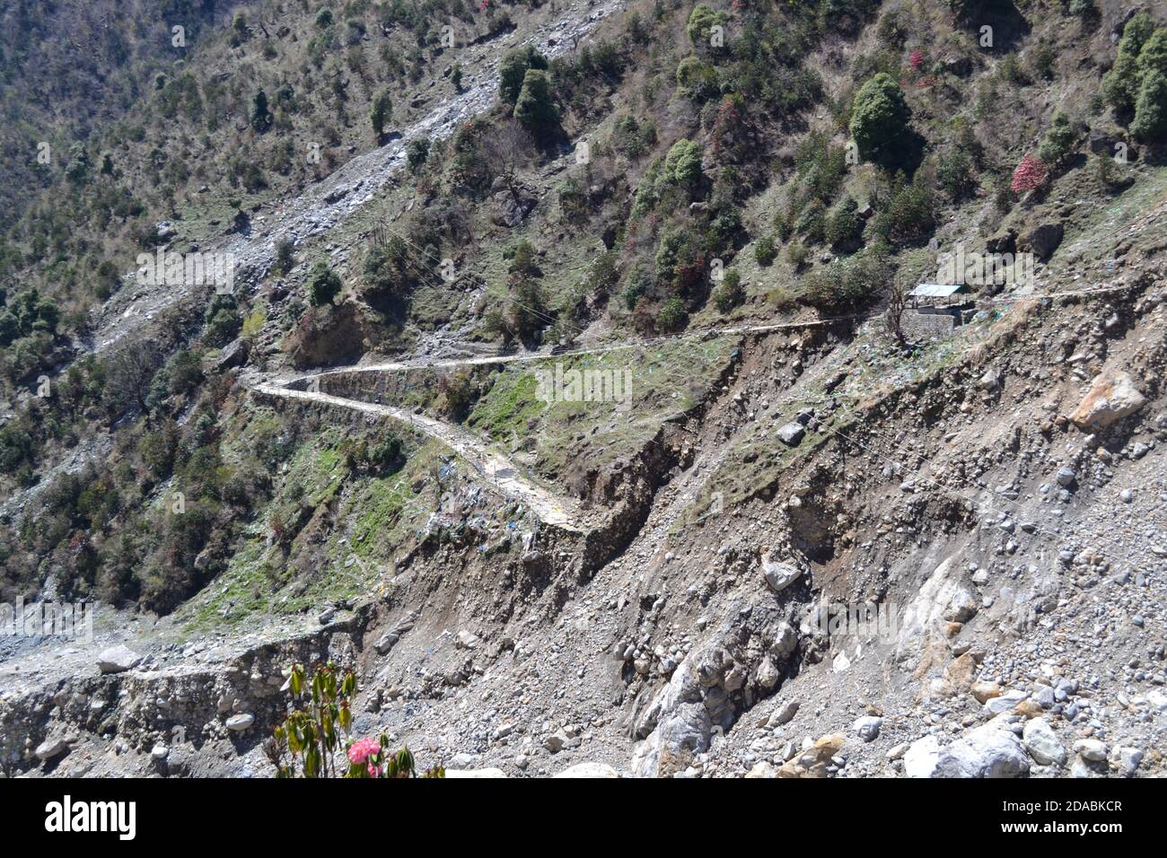 Kedarnath temple trek damaged in disaster 16 June 2013. In June 2013, a multi-day cloudburst centered on the North Indian state of Uttarakhand caused devastating floods. Stock Photo