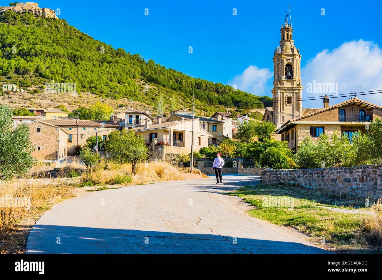 Villamayor de Monjardín, Highlighting the bell tower of the Church of St. Andrew the Apostle. Villamayor de Monjardín, Navarre, Spain, Europe Stock Photo