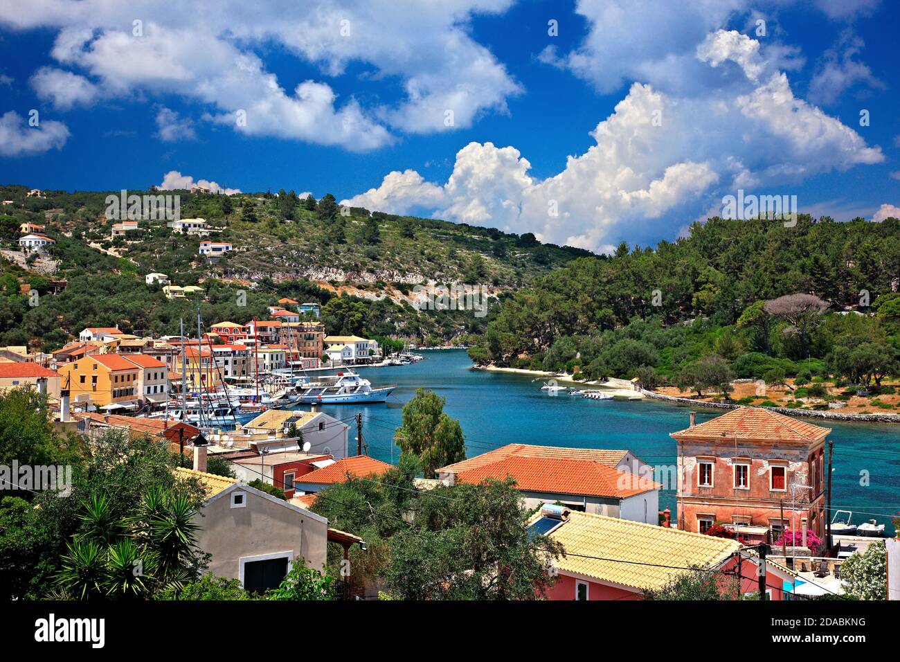 Gaios, the 'capital' of Paxos (or 'Paxi') island, the islet of Aghios Nikolaos  and the beautiful canal between them. Ionian Sea, Greece. Stock Photo