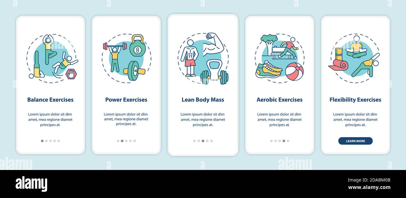 Exercises onboarding mobile app page screen with concepts Stock Vector