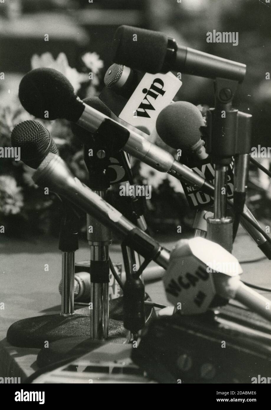 Microphones ready for the press conference, 1988 Stock Photo