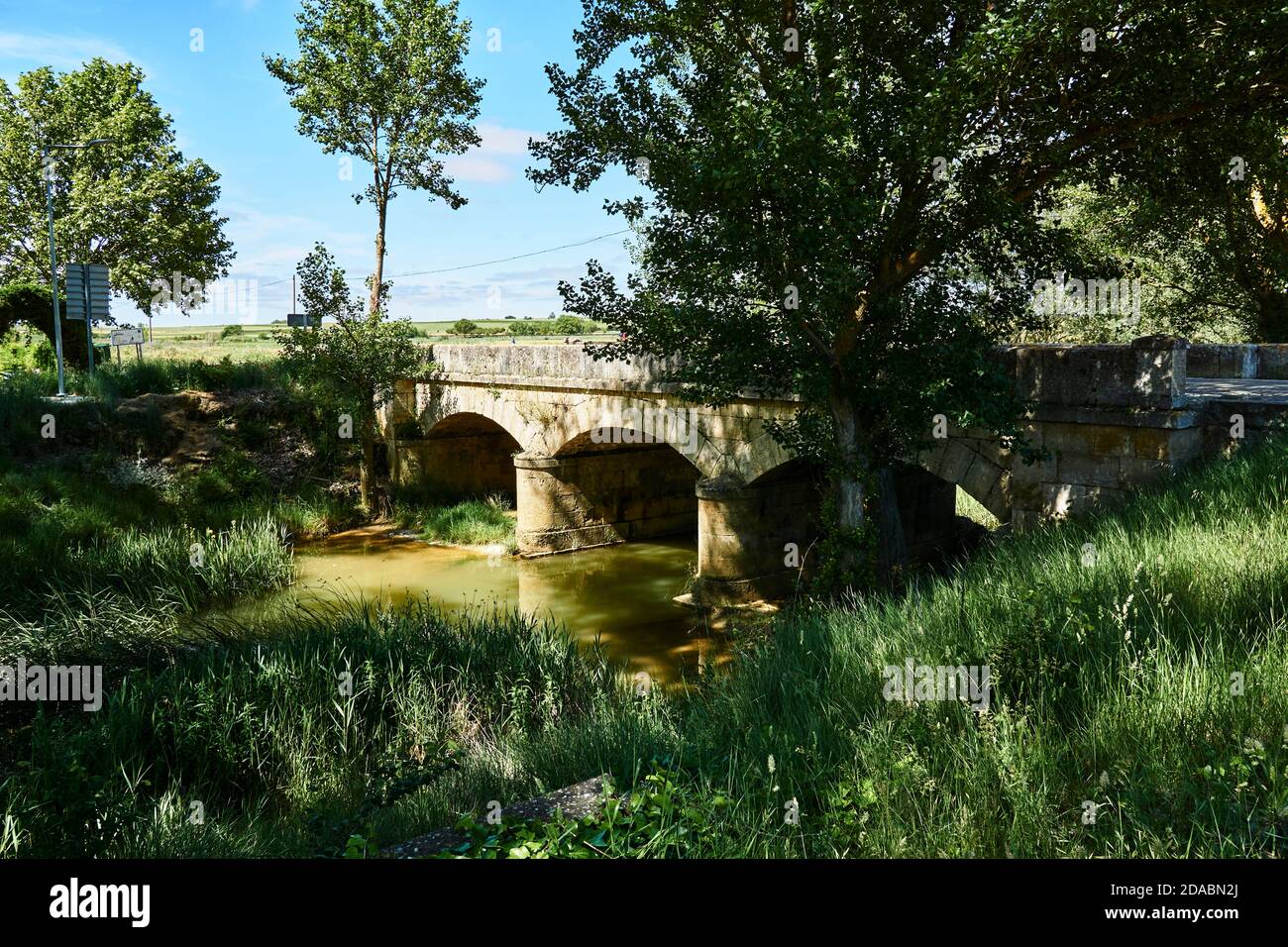 Bridge across the Ucieza River. French Way, Way of St. James. Near Revenga de Campos, Palencia,Castile and Leon, Spain, Europe Stock Photo