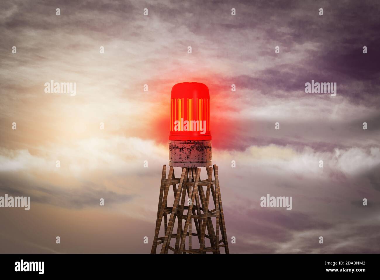 A red flashing alarm light on the top of wooden ladders at sunset magenta day. CRA warning or The CRA is sounding the alarm over CERB. 3d illustration Stock Photo