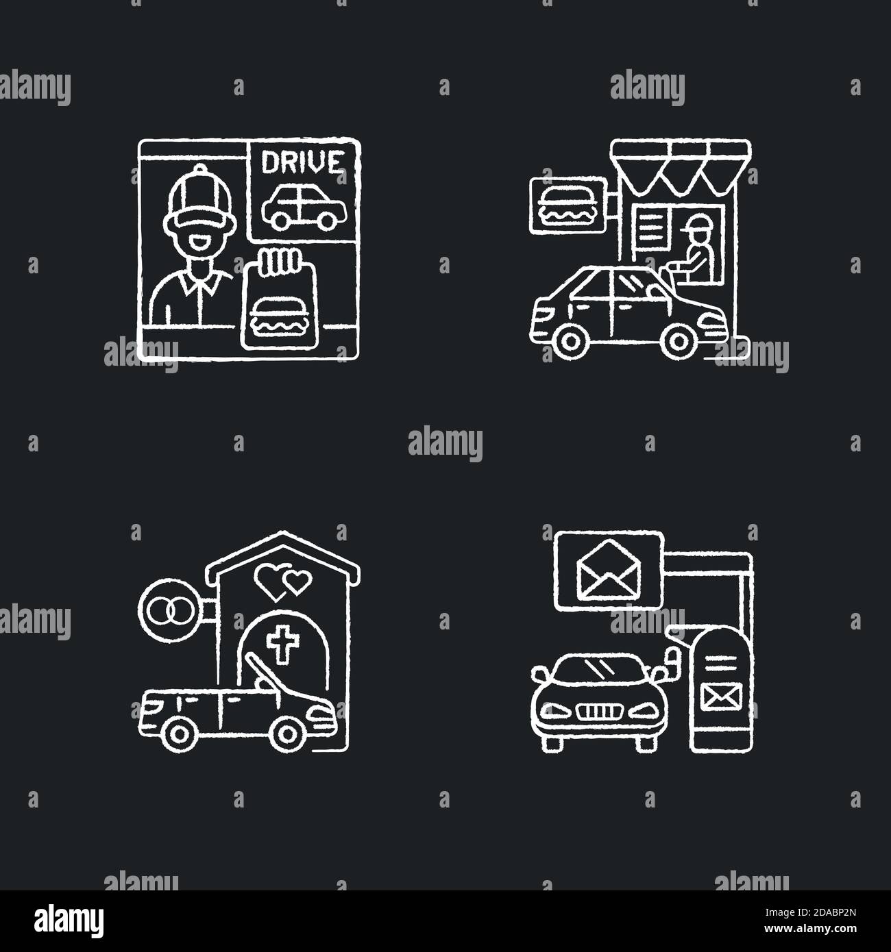 Car in drive thru lane chalk white icons set on black background Stock Vector