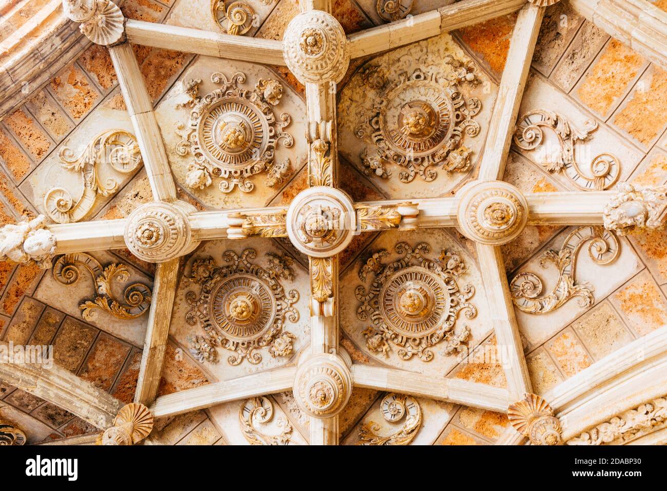 Cloister of the cathedral of León, Vaulted Ceiling. León's gothic Cathedral, also called The House of Light or the Pulchra Leonina. French Way, Way of Stock Photo