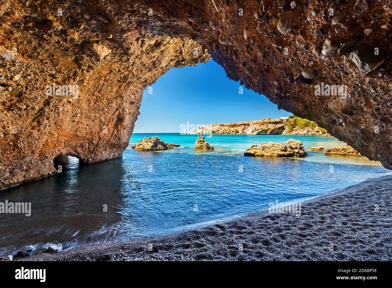Staousa 'cavebeach', Kalo Nero village, Sitia municipality, Lassithi, Crete, Greece. Stock Photo