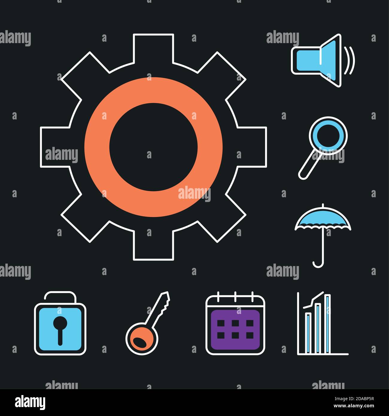 gear wheel and ui ux icons set over black background, half line half color style, vector illustration Stock Vector