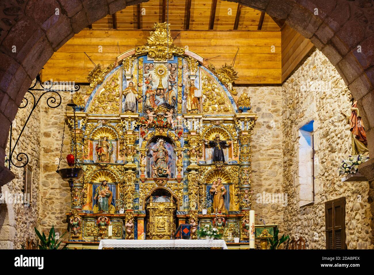 Altarpiece. Church of Our Lady of the Assumption, 18th century parish temple. Fuentes Nuevas is a town belonging to the municipality of Ponferrada. Fr Stock Photo