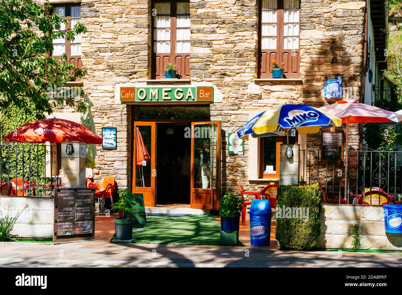 Cafe Bar Omega. French Way, Way of St. James. Ruitelán, Vega de Valcarce,Ruitelán, El Bierzo,Leon, Castile and Leon, Spain, Europe Stock Photo