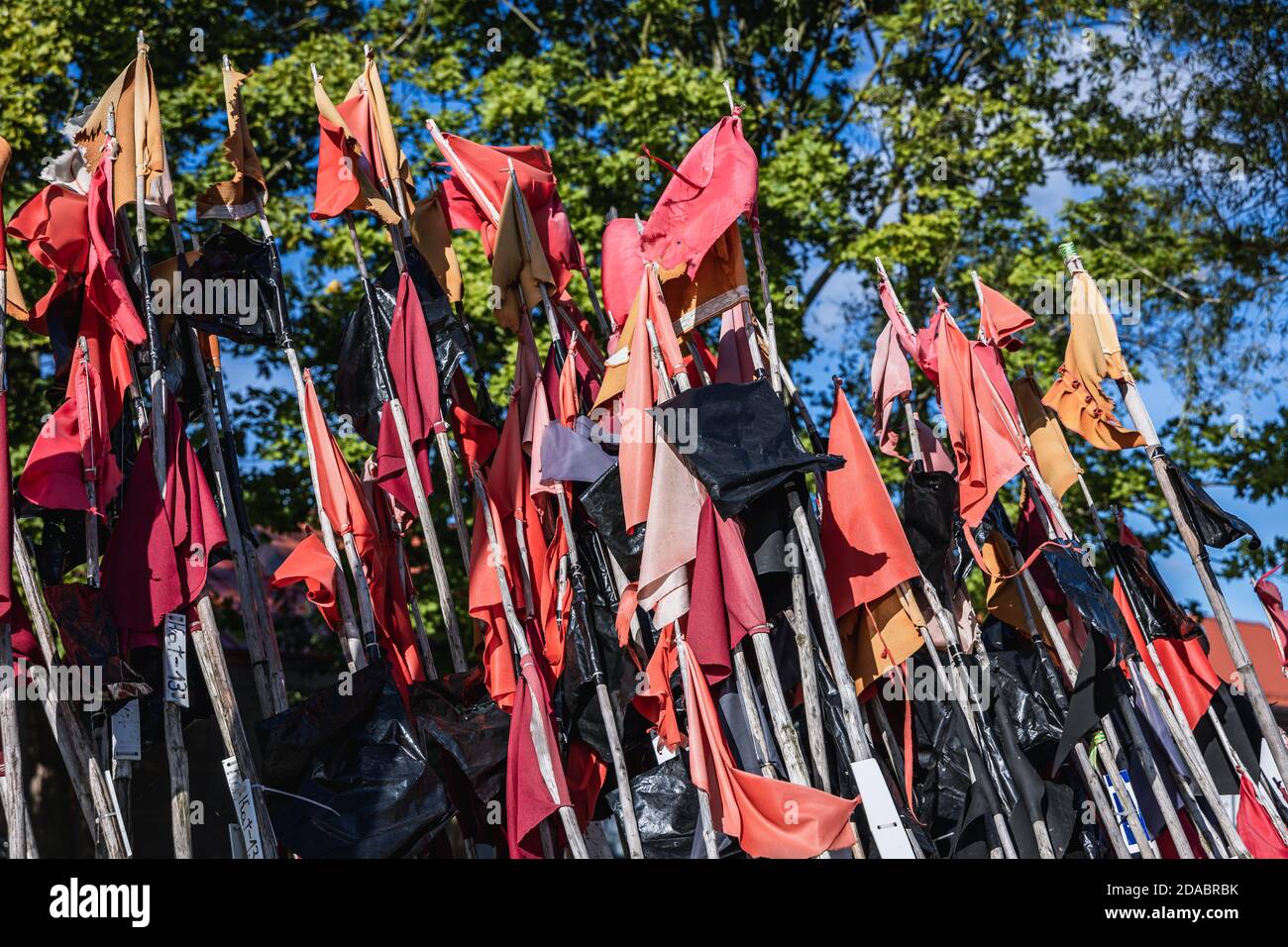 Fishing flags in port of Katy Rybackie village over Bay of Vistula, Pomeranian Voivodeship, in northern Poland Stock Photo