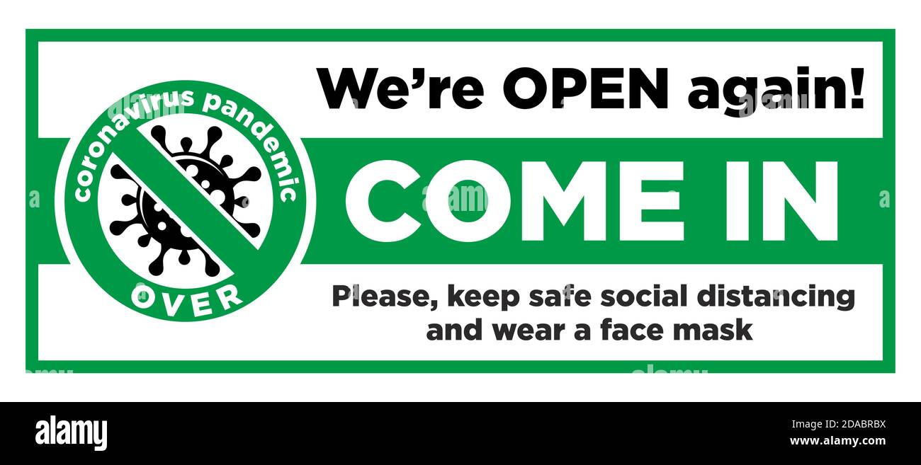 Open sign on the front door - come in, we’re opening again! Keep social distancing and wear face mask. Vector Stock Vector