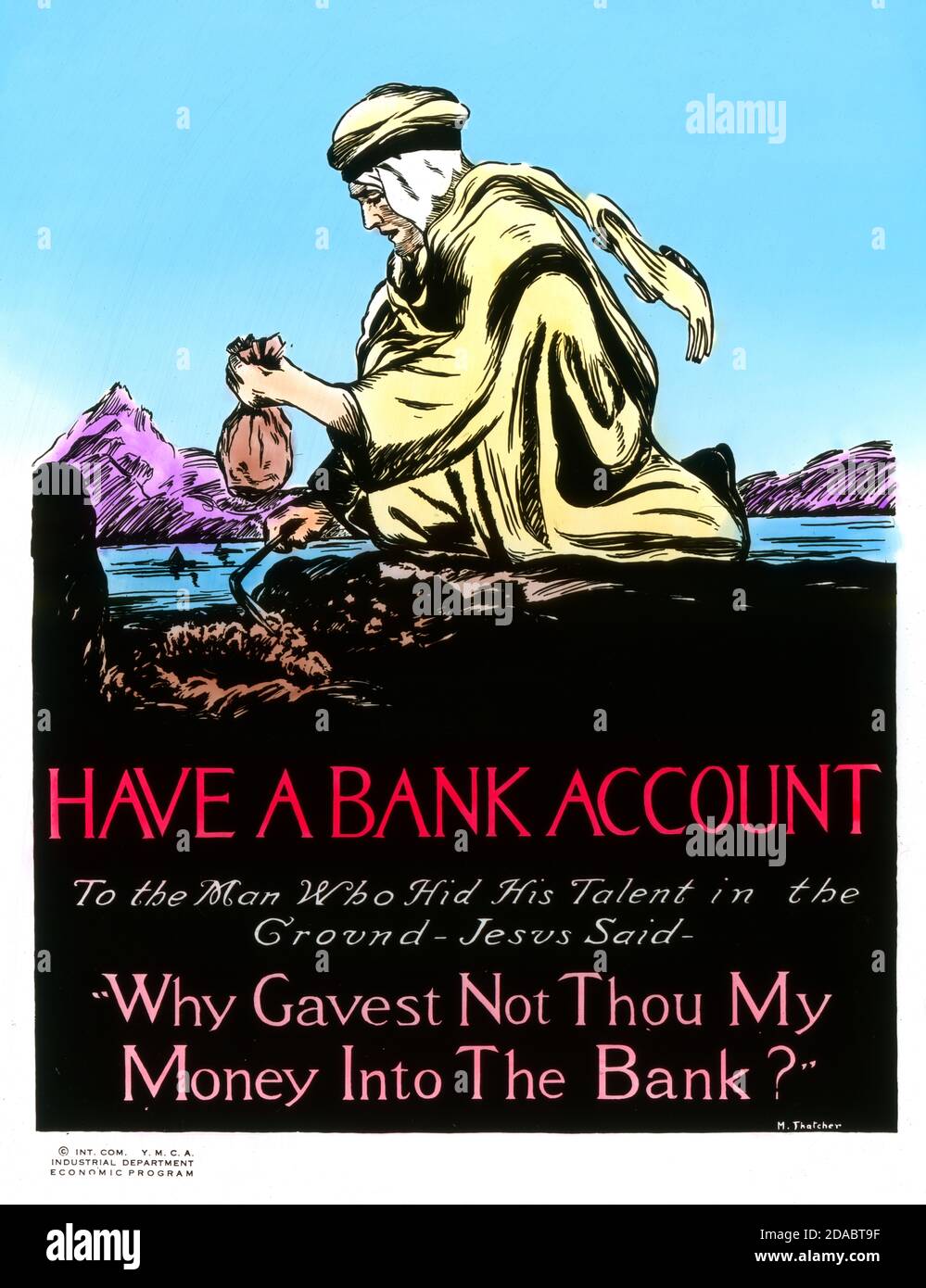 Poster from the YMCA “National Thrift Week” campaign in 1920, encouraging people to use a bank account. SOURCE: GLASS SLIDE Stock Photo