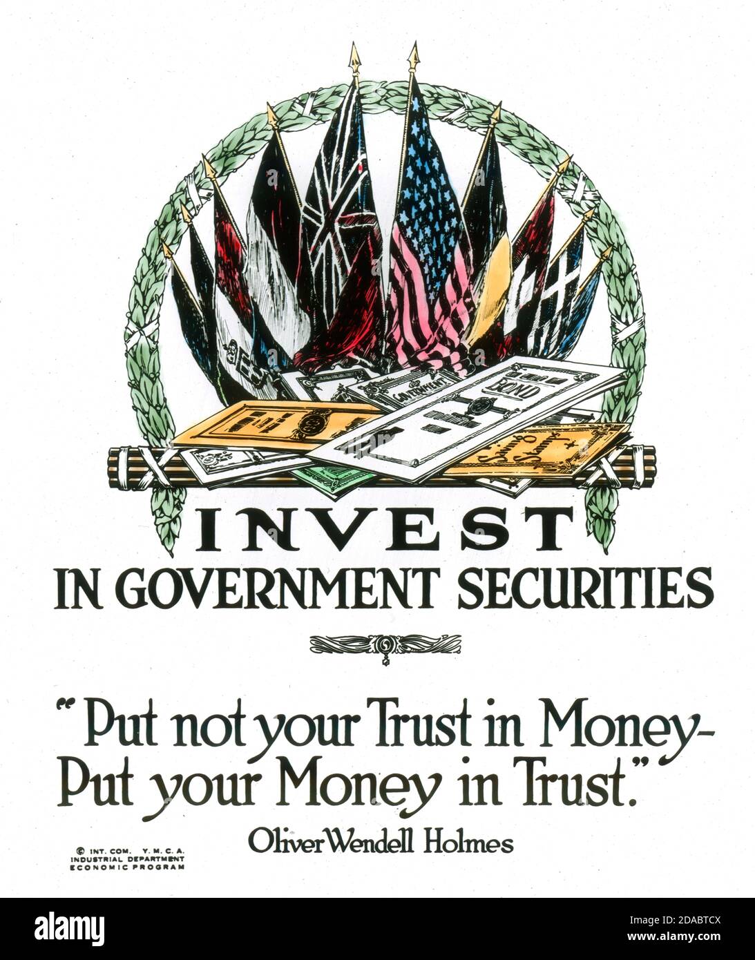 Poster from the YMCA “National Thrift Week” campaign in 1920, encouraging people to invest in government securities. SOURCE: GLASS SLIDE Stock Photo