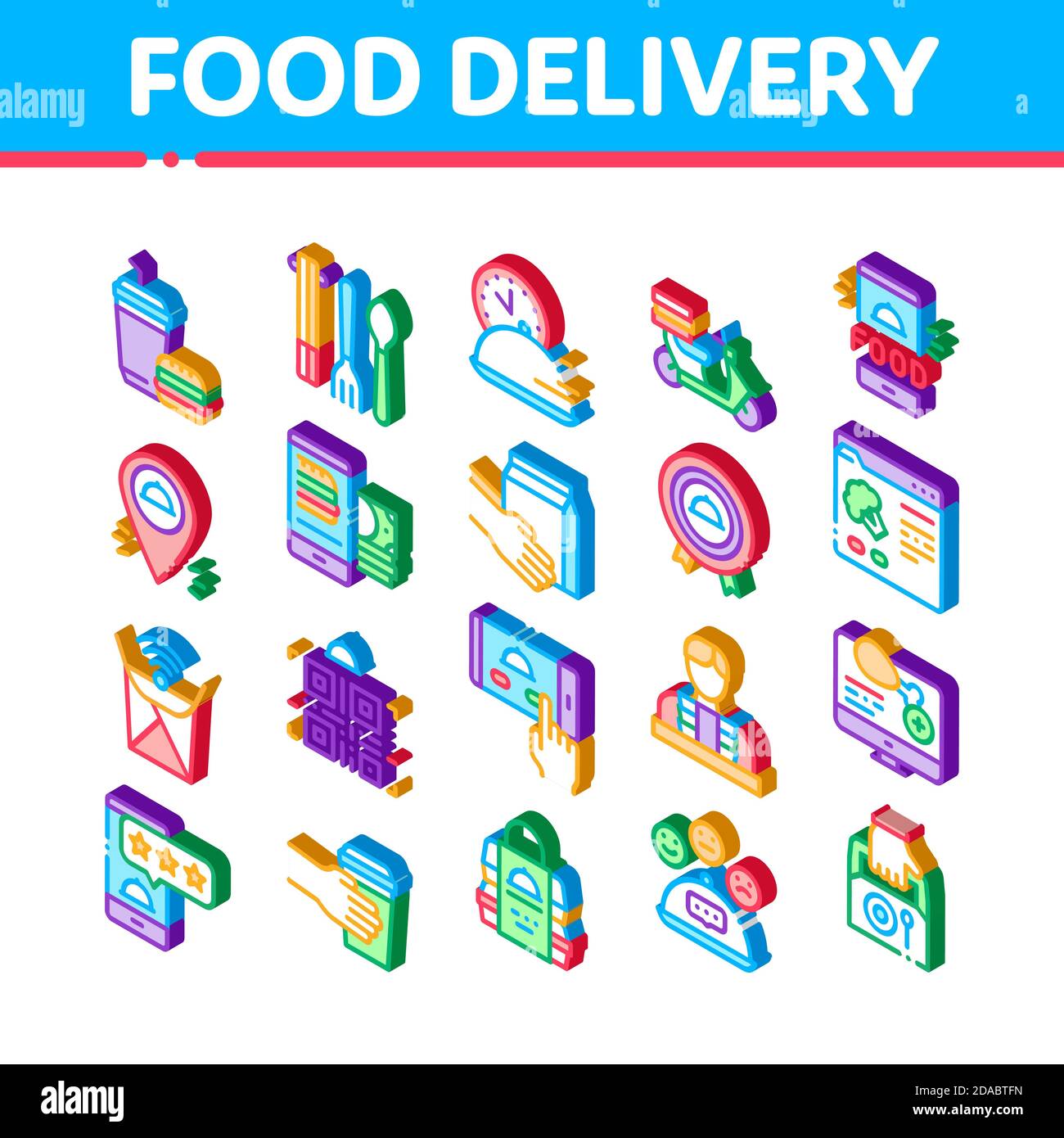 Food Delivery Service Isometric Icons Set Vector Stock Vector Image ...