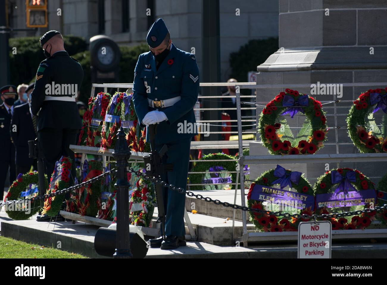 veterans gather at the london cenotaph in london ontario canada for remembrance day Stock Photo