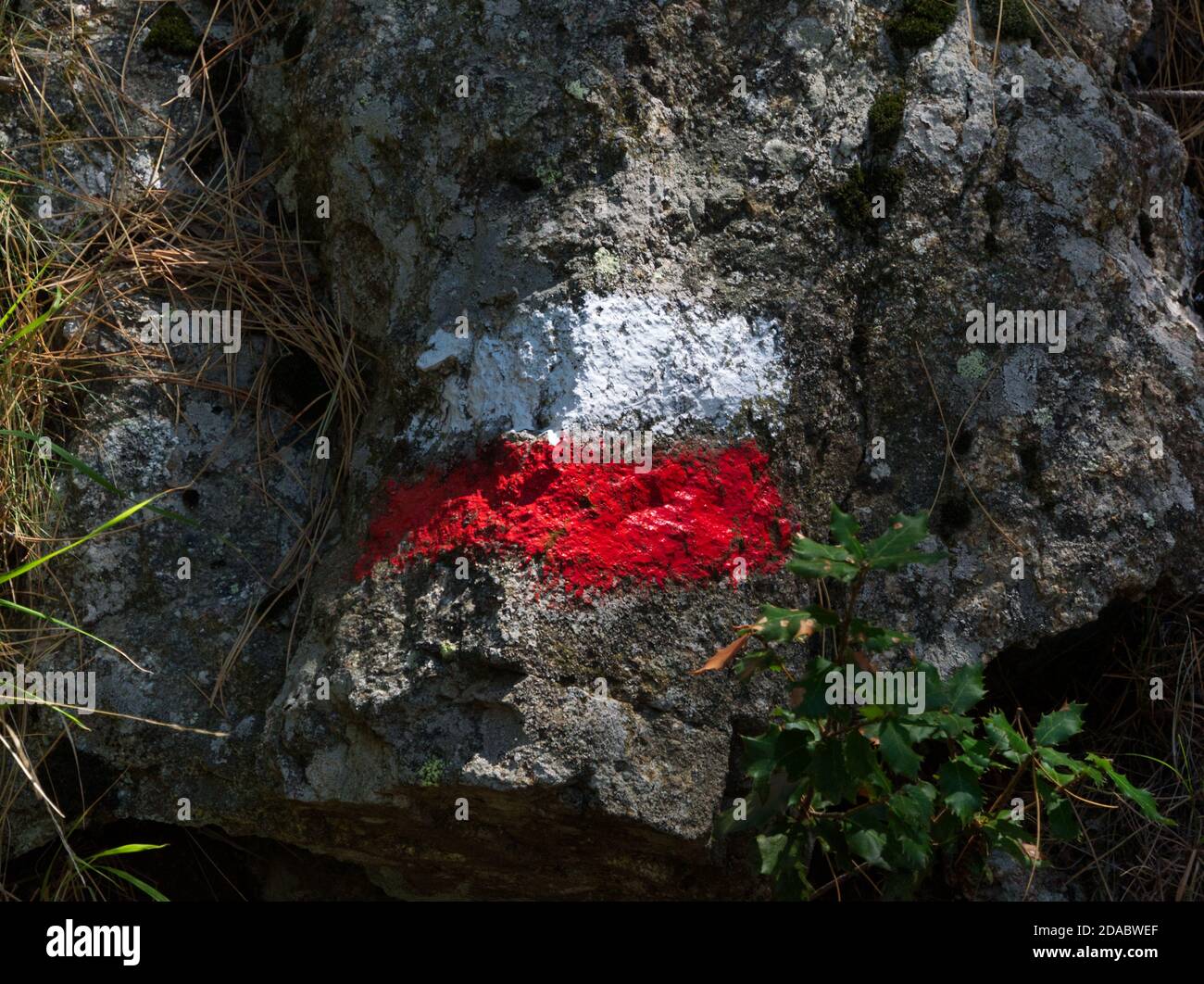 The famous marker of the GR20 hiking trail in Corsica. An epic journey in the mountains Stock Photo