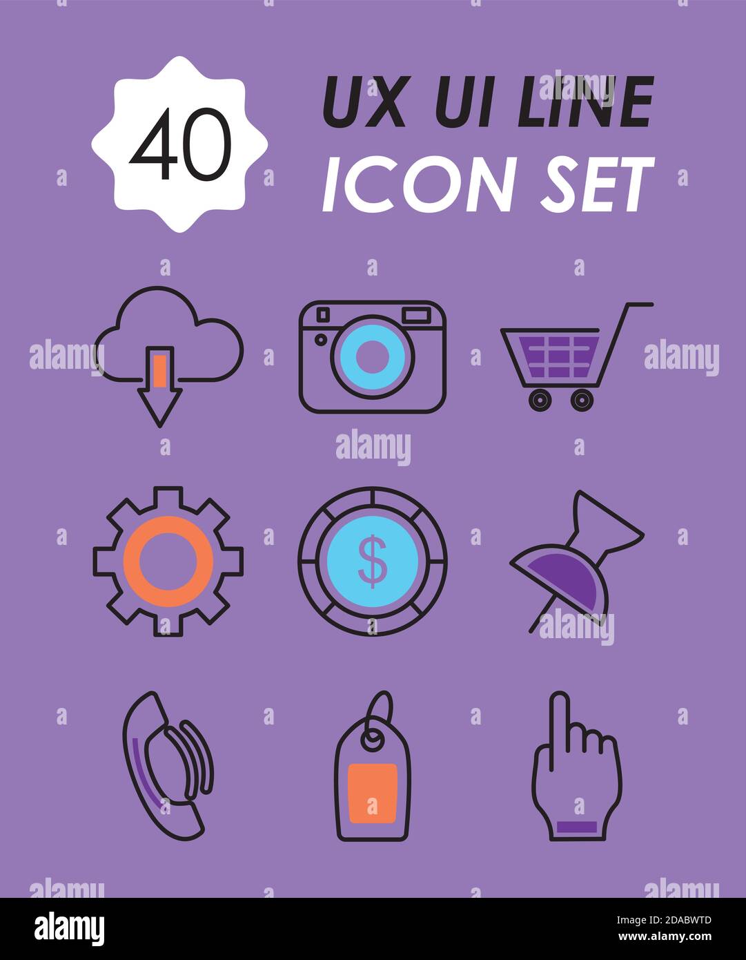 cloud storage and ux ui line icon set over purple background, half line ...