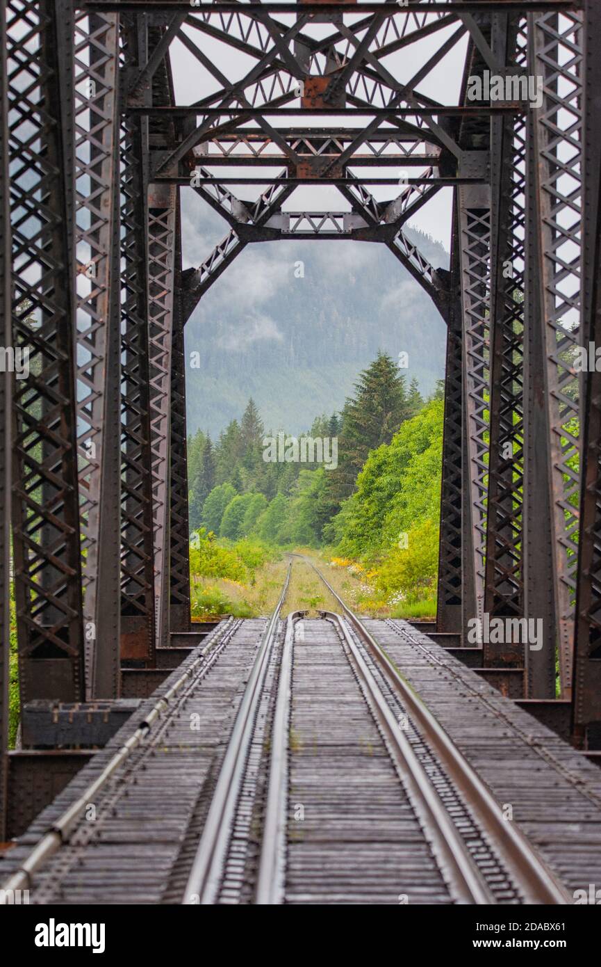The steel construction of a railway bridge over a branch of the Skeena river in British Columbia.The view along the rails leads into the landscape. Stock Photo