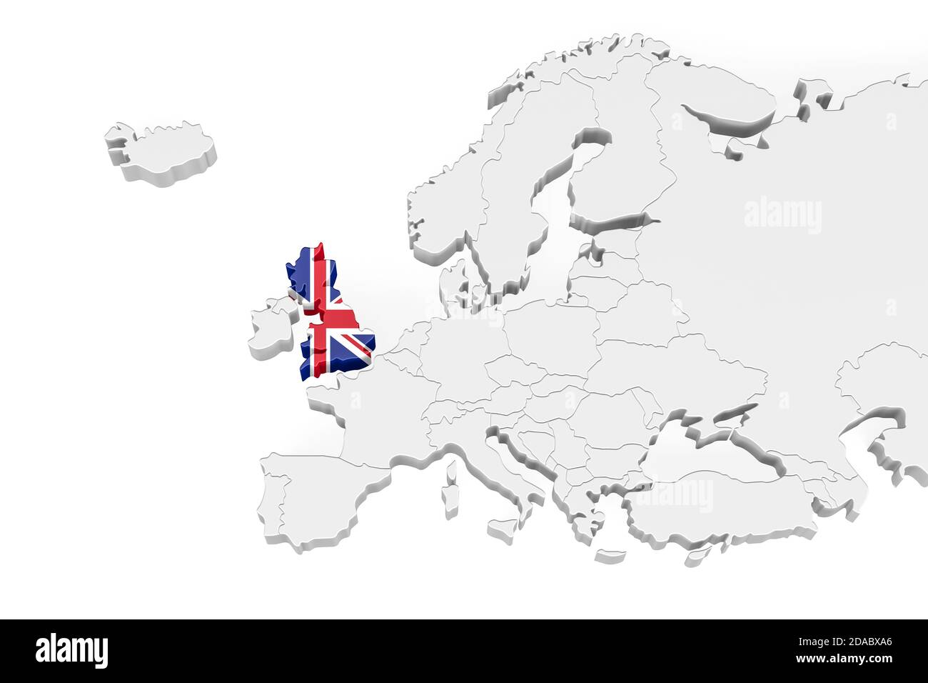 3D Europe map with marked borders - area of Great Britain marked with ...