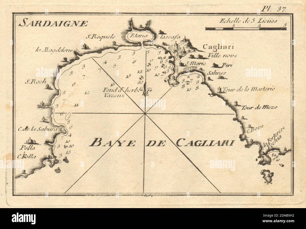 Baye de Cagliari (Sardaigne). Gulf of Cagliari, Sardinia, Italy. ROUX 1804 map Stock Photo