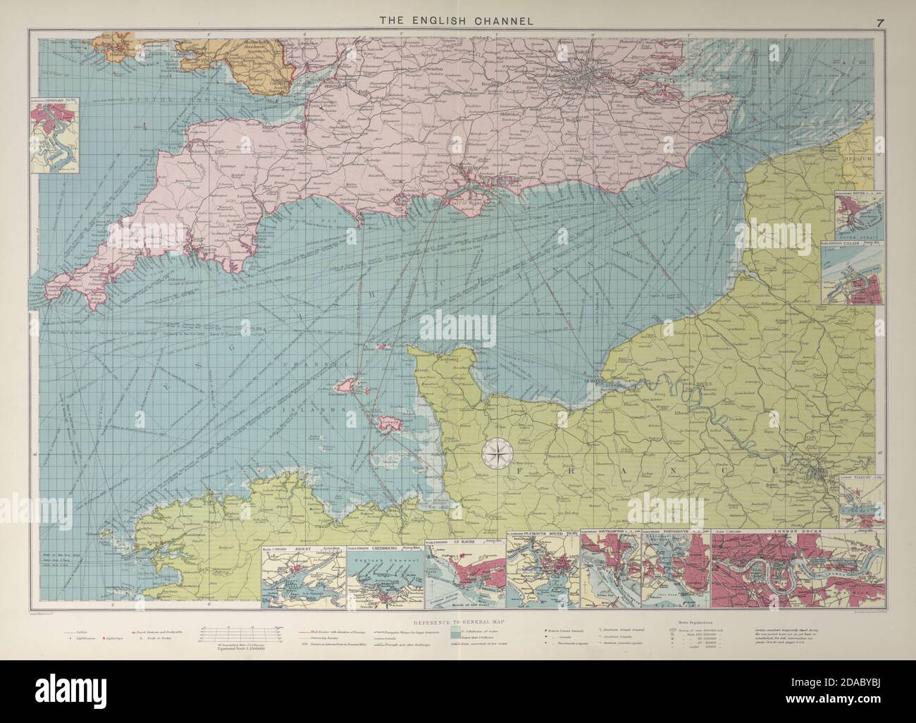 English Channel Sea Chart Ports Lighthouses Mail Routes Large 1927 Old Map Stock Photo Alamy