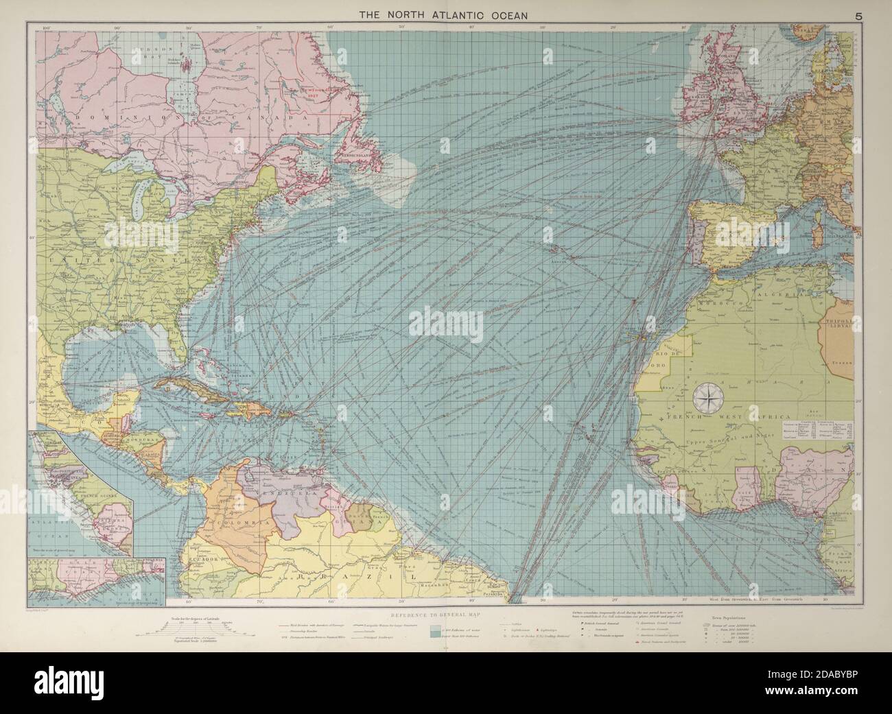 North Atlantic Ocean sea chart. Ports lighthouses mail routes. LARGE 1927 map Stock Photo