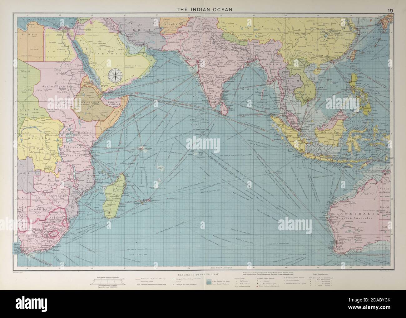 Indian Ocean sea chart. Ports lighthouses mail routes