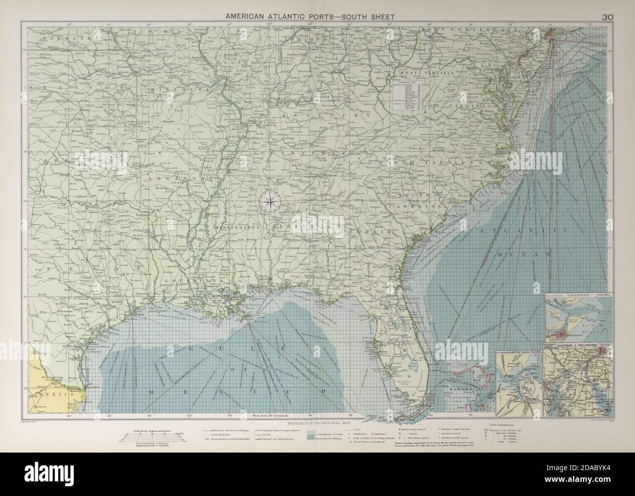 US Atlantic & Gulf Coast Ports sea chart lighthouses mail routes LARGE