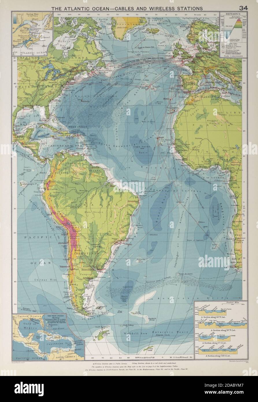 Atlantic Ocean. Cables Wireless Stations Land visibility Shipping lines 1927 map Stock Photo