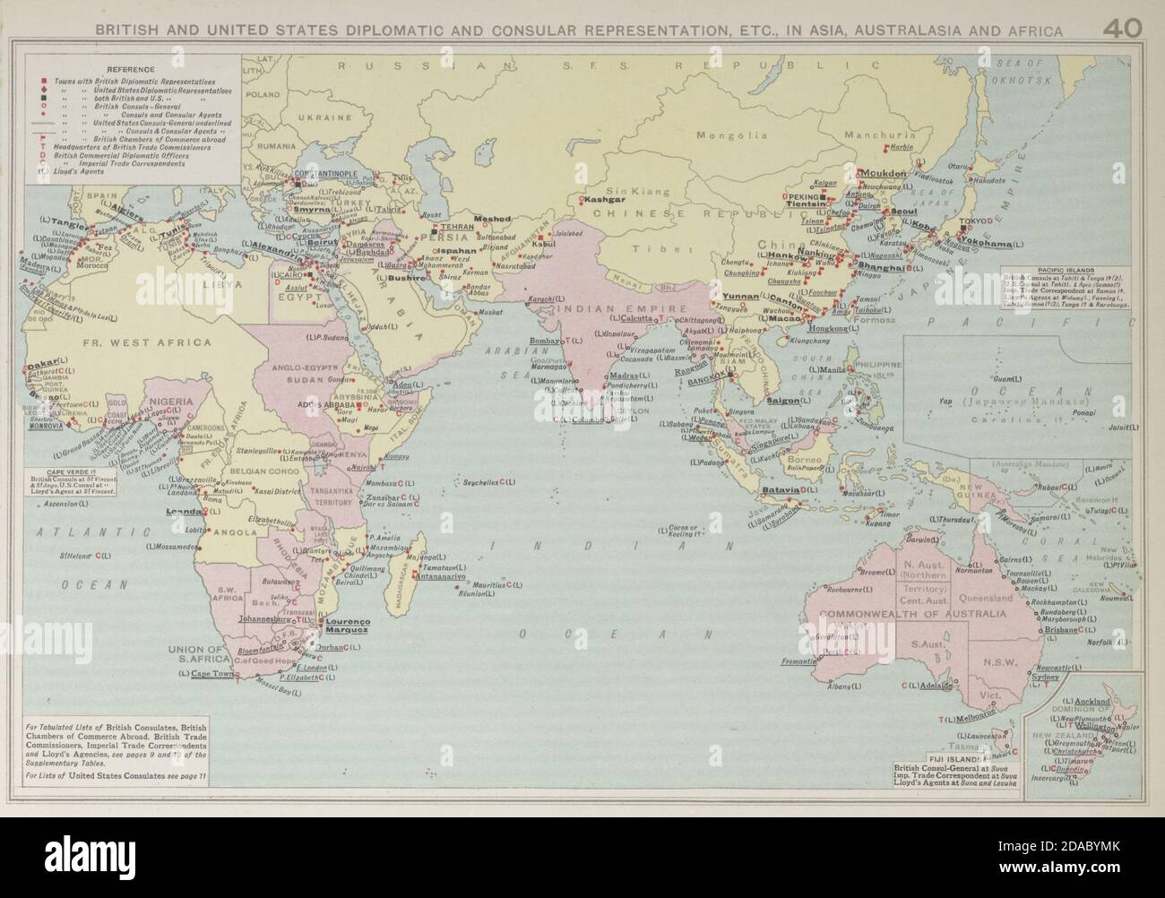 British & American Diplomatic Representation Asia, Australasia & Africa 1927 map Stock Photo