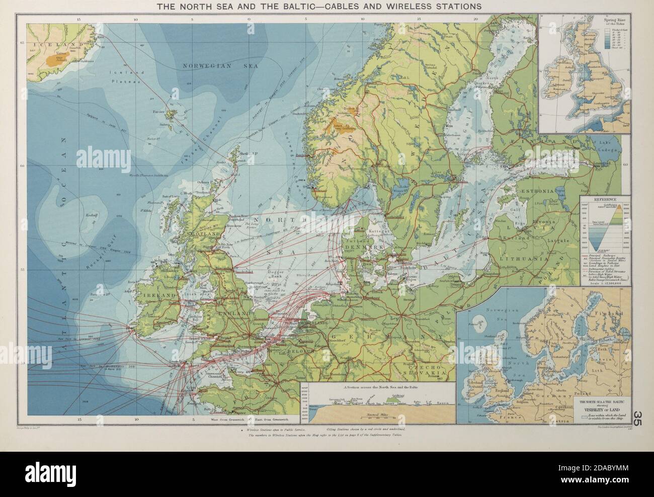 North Sea Baltic Cable Wireless Stations Land visibility Shipping lines 1927 map Stock Photo