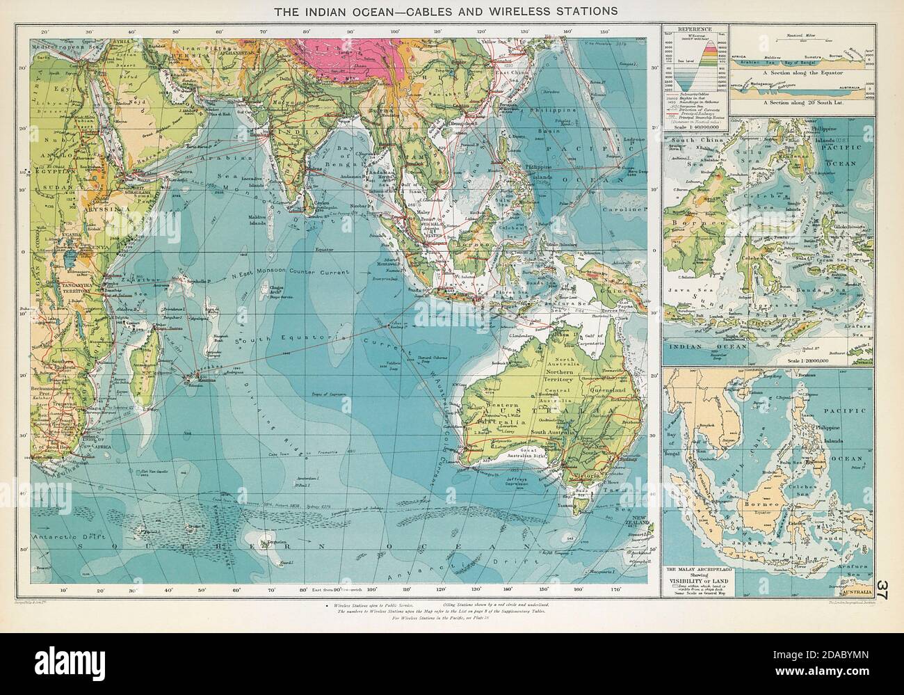 Indian Ocean. Cables Wireless Stations. Land visibility. Shipping lines 1927 map Stock Photo