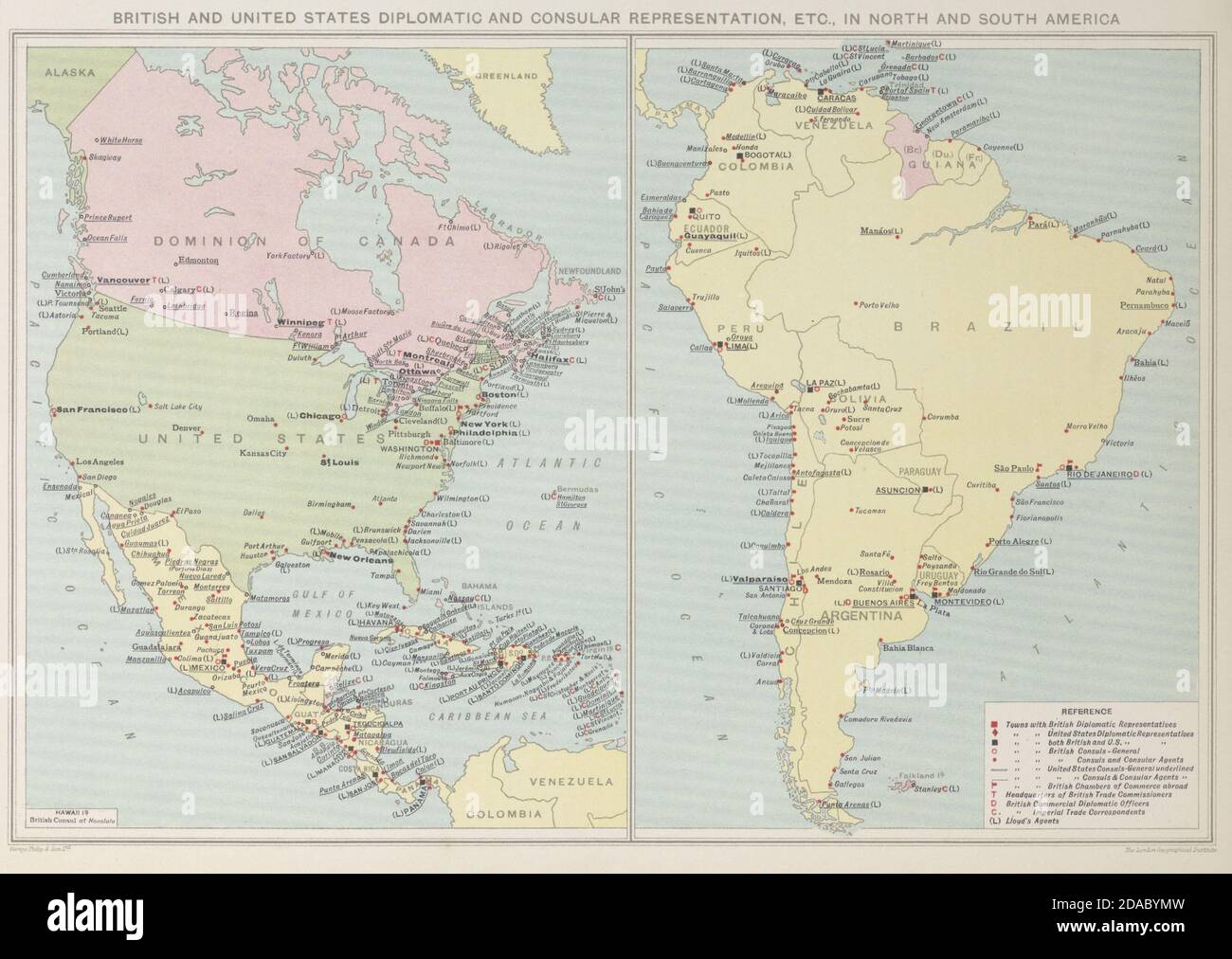 British & American Diplomatic Representation in North & South America 1927 map Stock Photo