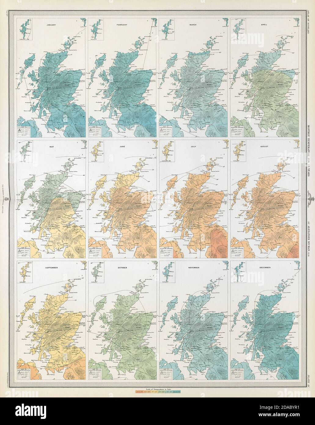 SCOTLAND average monthly temperature for 25 years by Alexander Buchan 1895 map Stock Photo