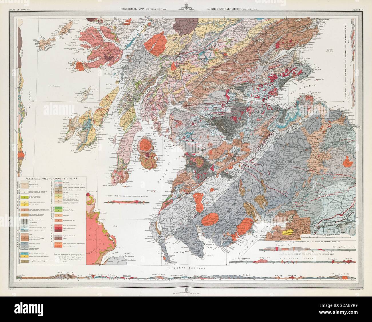 SCOTLAND Geological map - southern section. Sir Archibald Geikie. LARGE 1895 Stock Photo