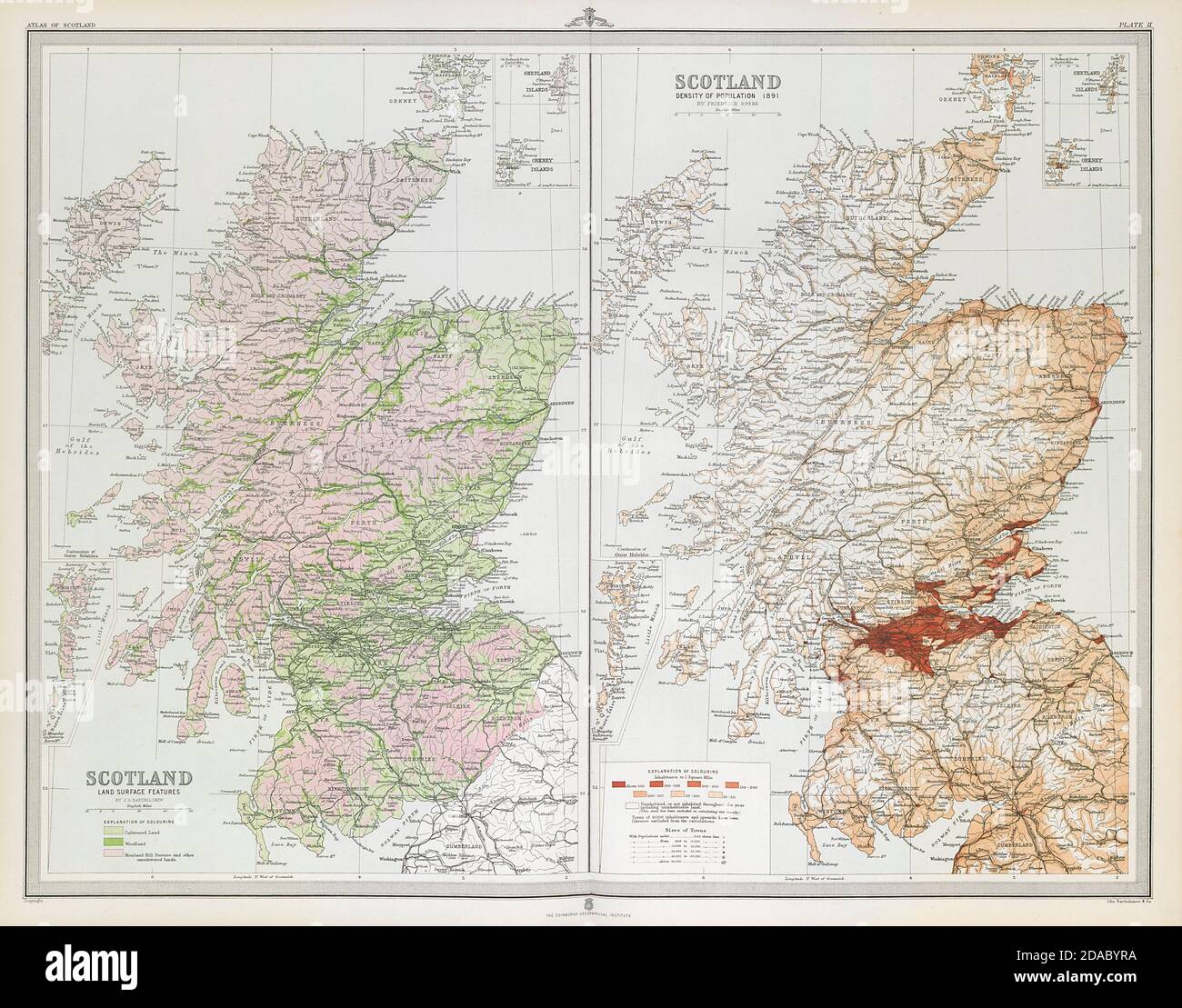 SCOTLAND. Population density 1891. Land use: Farms Woods Moors. LARGE 1895 map Stock Photo