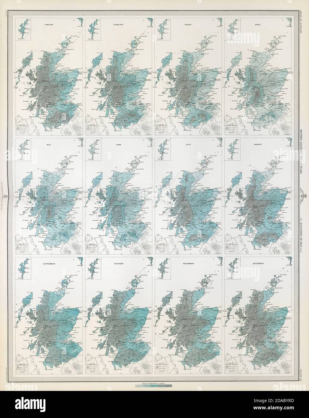SCOTLAND average monthly rainfall for 25 years by Alexander Buchan 1895 map Stock Photo