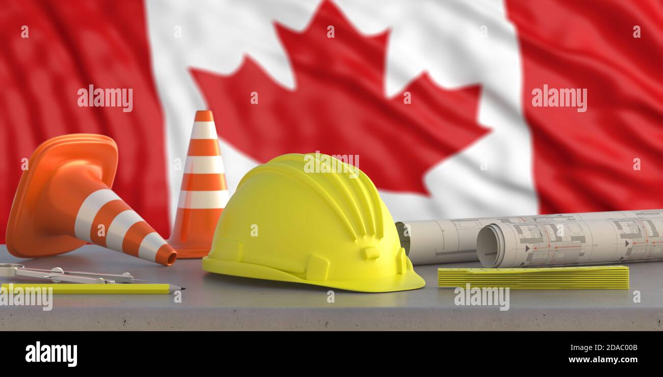Construction industry in Canada. Hardhat and safety equipment on