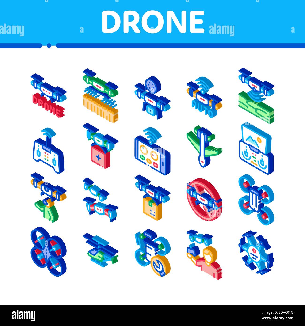 Drone Fly Quadrocopter Isometric Icons Set Vector Stock Vector