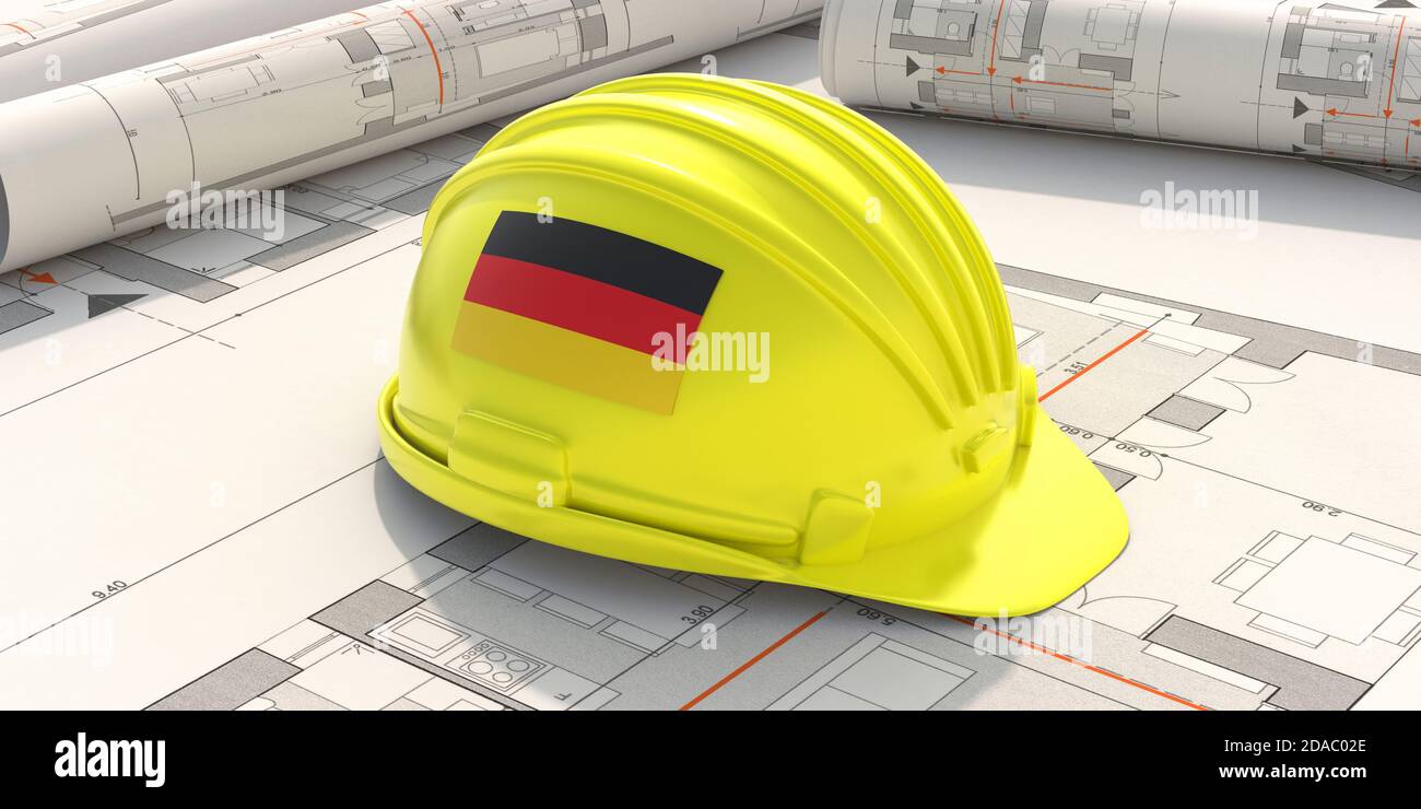 Construction industry safety in Germany. German flag hardhat yellow