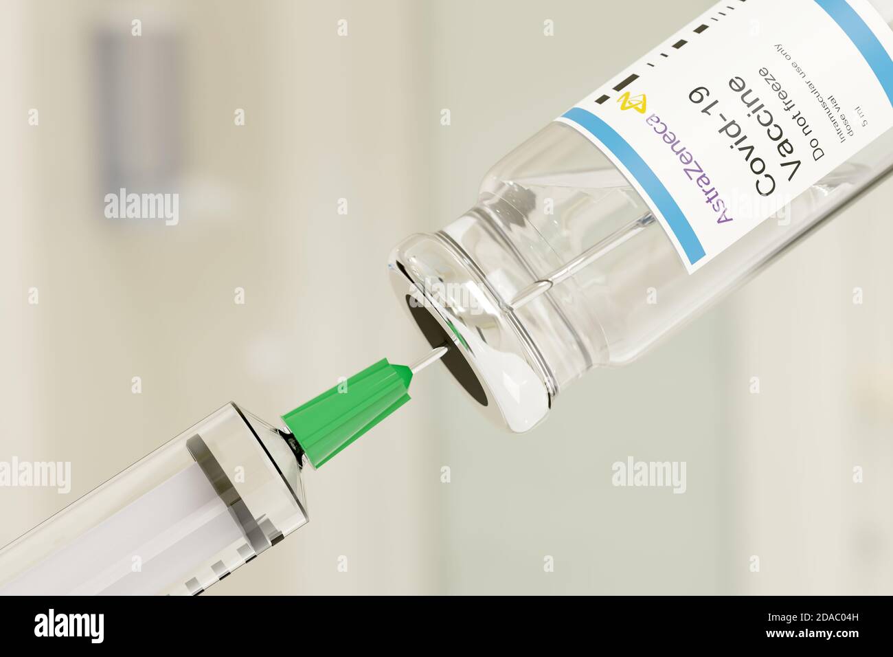 Buenos Aires, Argentina - November 11: Astrazeneca Covid -19 vaccine vial and injection syringe isolated on white background. 3d illustration. Stock Photo