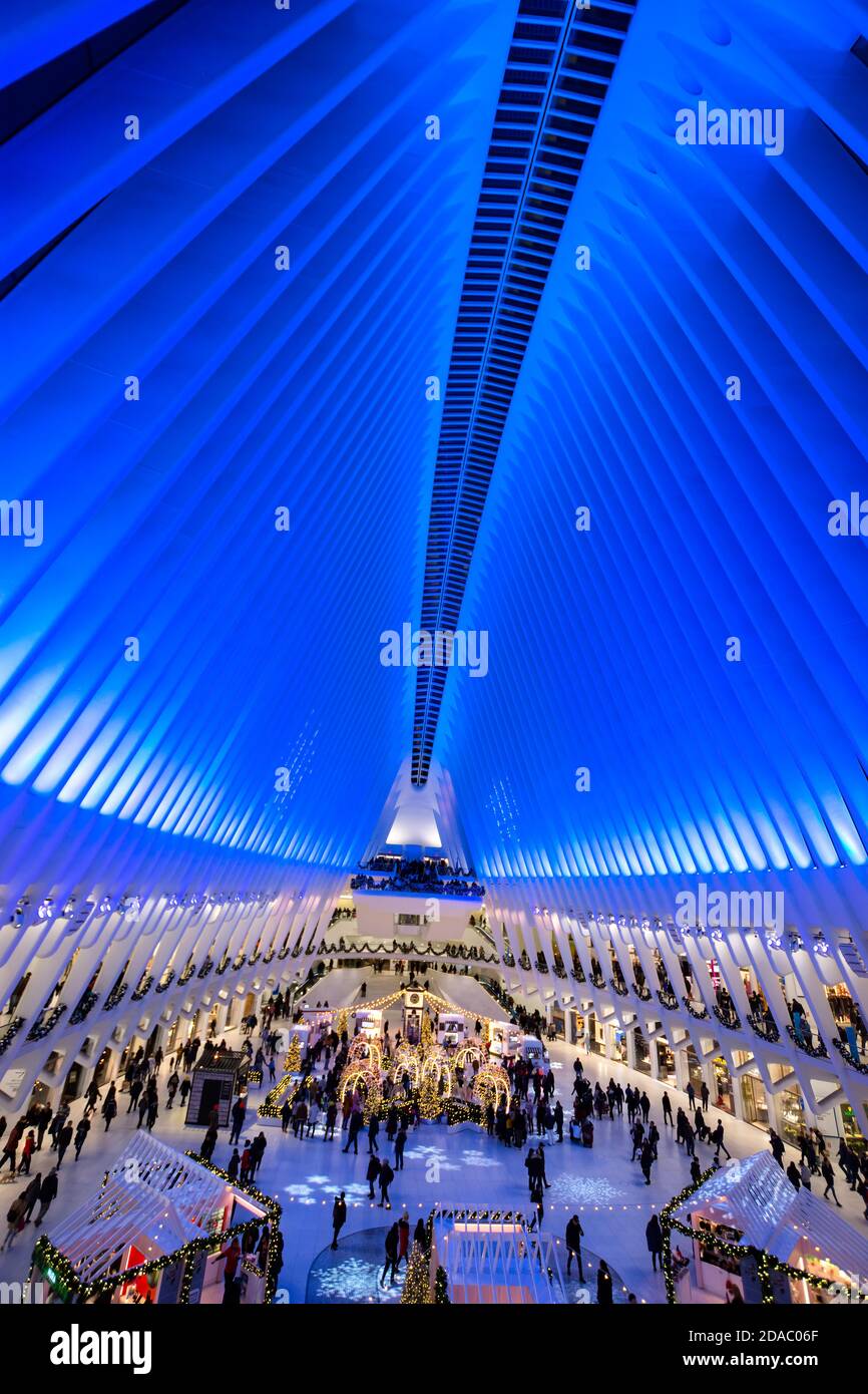 The Oculus interior with Christmas decorations in winter. Westfield